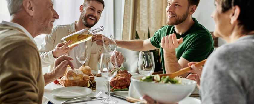 A family having dinner together.
